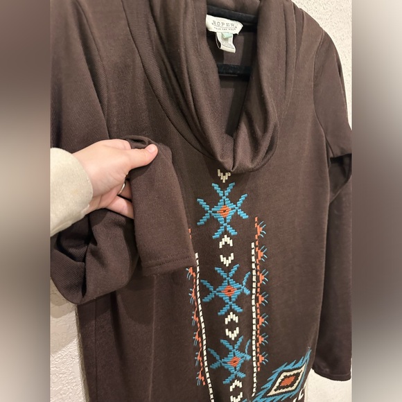 Roper Women's Brown Cowl Neck Aztec Southwest Embroidered Long Sleeve Top Small - Picture 6 of 10